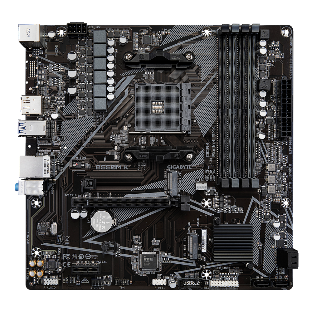 Материнская плата Gigabyte OEM B550M K, Socket AM4, AMD B550, 4xDDR4-3200, HDMI+DP, 1xPCI-Ex16, 1xPCI-Ex1, 4xSATA3(RAID 0/1/10), 2xM.2, 8 Ch Audio, GLan, (4+2)xUSB2.0, (4+2)xUSB3.2, 1xPS/2, mATX, RTL {10}
