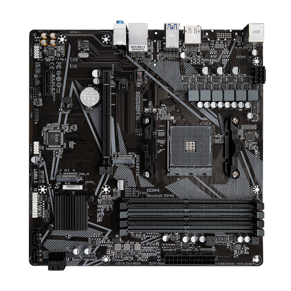 Материнская плата Gigabyte OEM B550M K, Socket AM4, AMD B550, 4xDDR4-3200, HDMI+DP, 1xPCI-Ex16, 1xPCI-Ex1, 4xSATA3(RAID 0/1/10), 2xM.2, 8 Ch Audio, GLan, (4+2)xUSB2.0, (4+2)xUSB3.2, 1xPS/2, mATX, RTL {10}