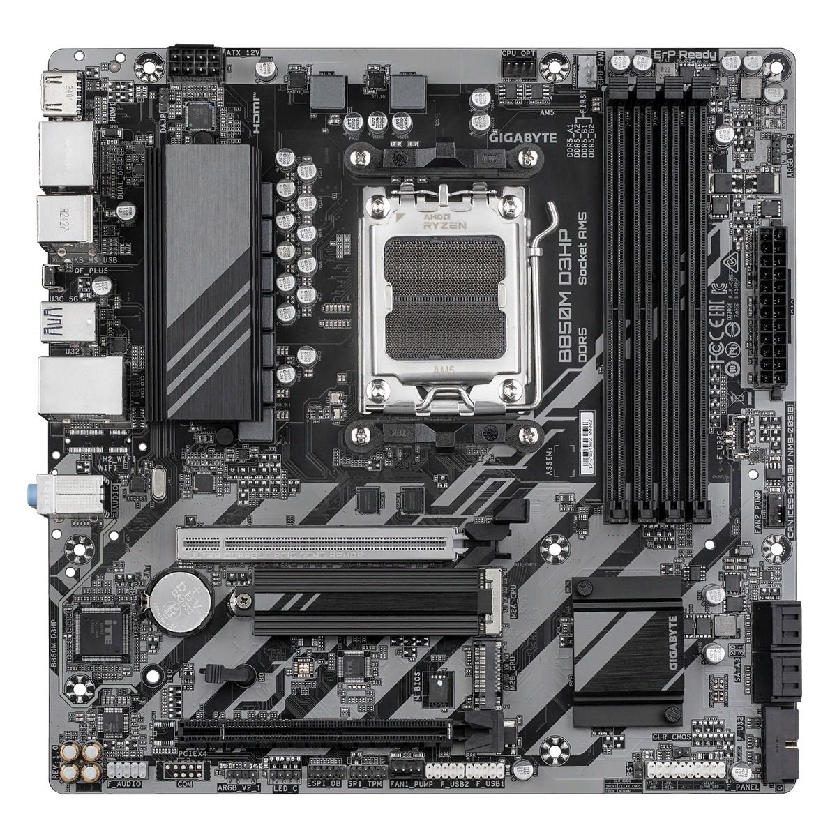 Материнская плата Gigabyte OEM B850M D3HP, Socket AM5, AMD B850, 4xDDR5-5200, HDMI+DP+DP, 2xPCI-Ex16, 4xSATA3(RAID 0/1/10), 2xM.2, 8 Ch Audio, 1x2,5GLan, (2+4)xUSB2.0, (3+2)xUSB3.2, (1+1)xUSB Type-C™, 1xPS/2, mATX, RTL