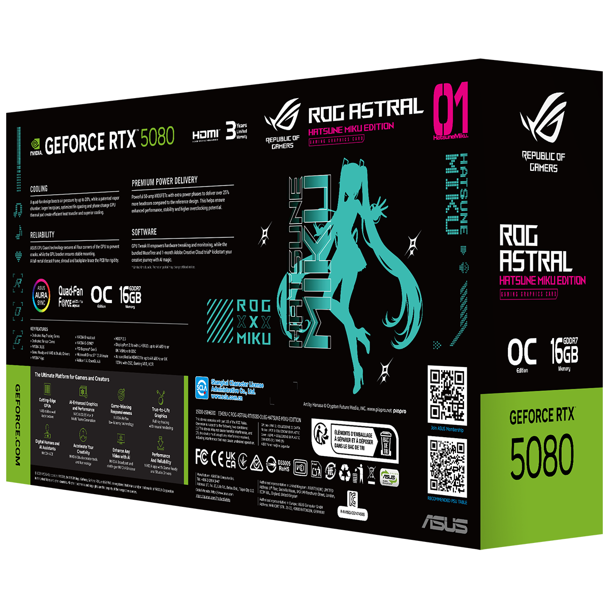 Видеокарта ASUS RTX5080 ROG ASTRAL HATSUNE MIKU EDITION WHITE OC 16GB GDDR7 256bit 3xDP 2xHDMI 4FAN RTL (ROG-ASTRAL-RTX5080-O16G-MIKU-W)